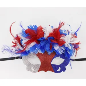 Masque de Mascarade du Jour de l'Indépendance Rouge Blanc Bleu Paillettes Carnaval Masque pour les Yeux Avec Plumes et Fleurs