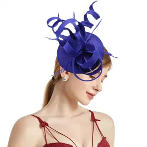 Elegant royal blue sinamay fascinator hat with feathers for women party wedding headwear