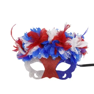 Masque de fête de bal masqué du jour de l'indépendance avec plumes et paillettes design.