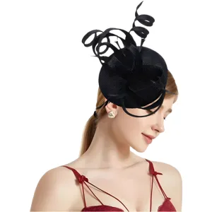 Elegant black feather fascinator hat for women, perfect for wedding party and bridal headwear.