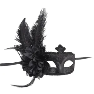 Masque de bal masqué à plumes noires avec dentelle florale pour Halloween et fêtes.