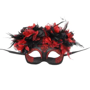 Mascara de carnaval roja y negra con plumas y encaje para fiesta de Halloween y eventos.