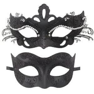 Set de máscaras de mascarada negras con pedrería y purpurina para fiesta de Halloween.