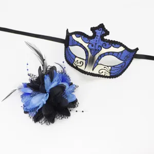 Blauw zwart masker en veren bloem set, gedetailleerd feest oogmasker voor Halloween.