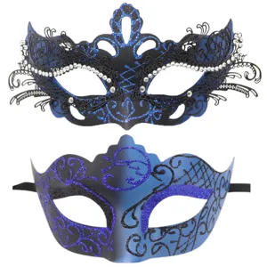 Set de máscaras de mascarada para pareja en azul negro con purpurina y strass