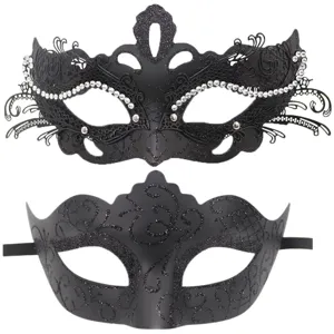 Set de máscaras negras para fiesta de parejas de Halloween, elegantes antifaces con diamantes.