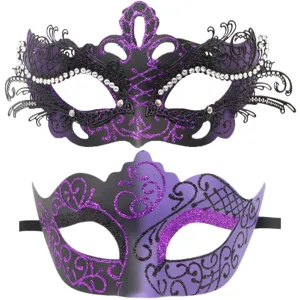 Halloween Mascarada Fiesta Máscaras Conjunto Púrpura Negro Diamante Brillante Ojo Mascara