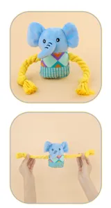 Cute elephant plush dog toy with yellow rope pulling arms for interactive pet training play