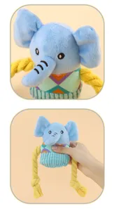 Cute elephant dog plush toy with chewable rope arms, squeaky interactive pet supply.