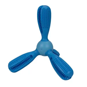 Jouet à mâcher pour chien en TPR bleu, bâton de dentition à trois branches pour le nettoyage.