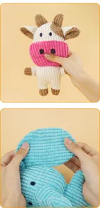 Close up view of the cute corduroy animal pet squeaky toy showing soft texture and detail.