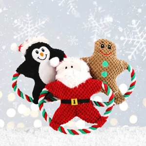 Christmas Pet Plush Toy Dog Squeaky Chew Toy Cute Santa Claus Penguin Gingerbread Man Cotton Rope Pet Interactive Toy