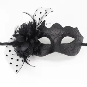 Detailed shot of black masquerade mask with mesh flower and glitter scrolls