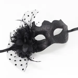Detailed view of elegant black masquerade mask with floral accent and mesh veil