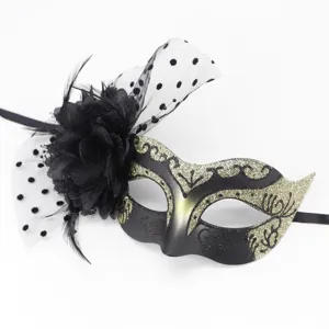 Black gold masquerade mask with floral feather mesh veil for Halloween party ball costume eye mask