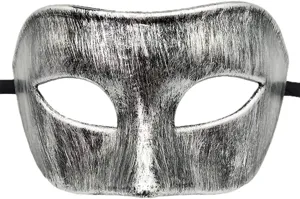 Zilveren masquerade masker voor heren, vintage verweerde afwerking, perfect voor feest.