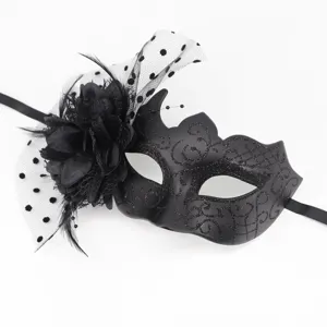 Close-up of black masquerade mask with fabric flower and polka dot mesh detail