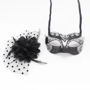 Halloween masquerade mask and mesh flower hair clip set for party carnival events.