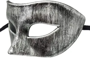 Vintage zilveren masker voor heren, gedetailleerde antieke afwerking en zwarte linten.