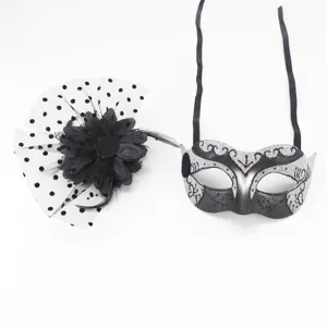 Masquerade mask and black mesh flower hair clip set for Halloween party costume props.