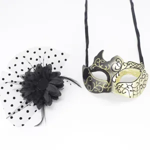 Detailed view of elegant black floral mesh veil and gold-black masquerade mask for party.