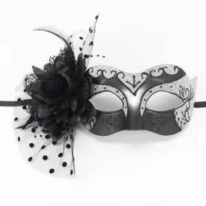 Elegant black masquerade mask with fabric flower, feathers and polka dot mesh lace