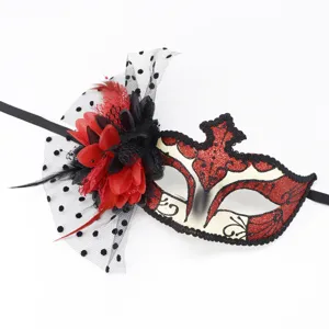 Mascarade Halloween masque paillettes rouge noir avec plume fleur tulle pois accessoire fete