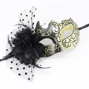 Detail of masquerade mask with black fabric flower, feathers and polka dot mesh veil