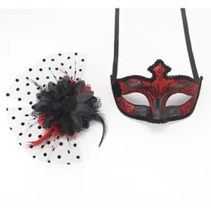 Ensemble de masque de bal masqué avec pince à cheveux fleur de plume, masque noir et rouge