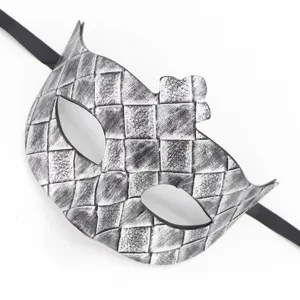 Máscara de mascarada de cuero tejido plateado, accesorio de disfraz vintage para fiesta Halloween.