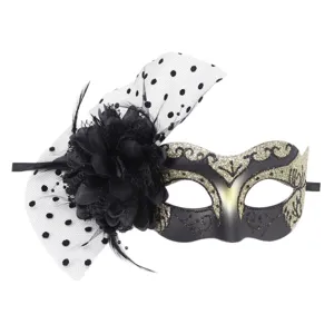 Halloween masquerade mask with black mesh veil flower feather party eye mask costume