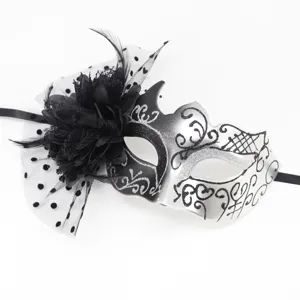 Close-up of elegant black and silver masquerade mask with mesh flower and feathers