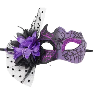 Halloween masquerade mask with purple flowers mesh feathers party festival costume eye mask
