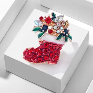 Cartoon Christmas Boot Alloy Brooch Rhinestone Colored Crystal Badge Pin For Women Holiday Jewelry Christmas Gift