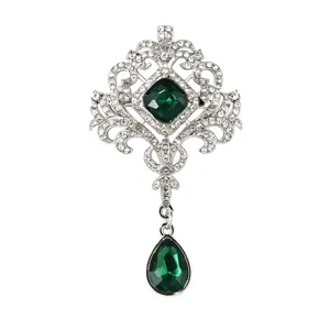Broche vintage en cristal émeraude pour femmes, corsage creux style cour strass pour manteau.