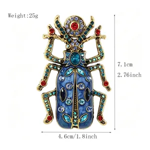 Vintage alloy enamel rhinestone beetle brooch, exquisite insect lapel pin, 7.1cm length.