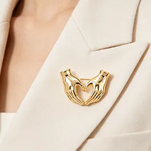 Golden hands heart shape metal brooch elegant minimalist lapel pin fashion clothing accessory