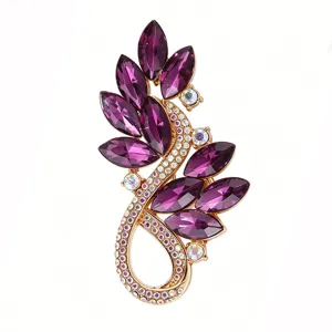 Luxury sparkling purple rhinestone leaf brooch elegant suit pin women fashion jewelry