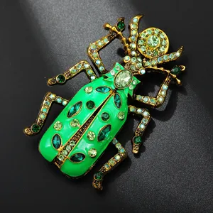 Exquisite green beetle rhinestone brooch, vintage alloy insect lapel pin fashion accessory.