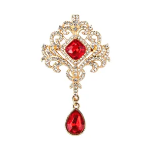 Magnifique broche ancienne en cristal rouge strass style palais royal detail vue