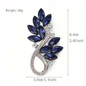 Elegant dark blue rhinestone leaf brooch pin sparkling fashion suit accessories gift for women