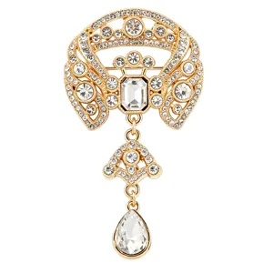 Elegante goldfarbene Strass-Brosche mit Kristallanhänger, Vintage-Hohldesign für Damen