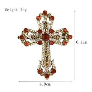 Vintage Kreuz Brosche mit bernsteinfarbenen und klaren Strasssteinen, eleganter Hofschmuck.