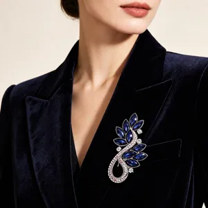 Elegant blue crystal leaf brooch luxury rhinestone suit pin fashion jewelry for women