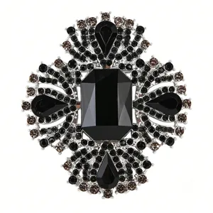 Luxury vintage black crystal rhinestone brooch elegant silver tone large corsage accessory