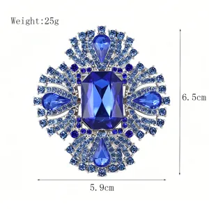 Luxury royal blue crystal rhinestone brooch elegant silver tone fashion accessories 5.9x6.5cm