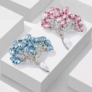 Elegante Ginkgoblad Brosje Voor Vrouwen Luxe Strass Kunstparel Speld Mode Ginkgoblad Borstspeld Sieraden Accessoires Feest Cadeau