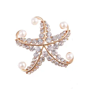 Legierung Künstliche Perle Seestern Brosche Für Damen Koreanische Mode Galvanisierte Strass Sternform Kleidung Reversnadel Schmuck Zubehör