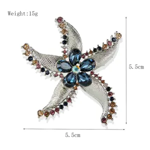 Exquisite rhinestone starfish brooch for women, elegant metallic pin with sparkling blue crystals.