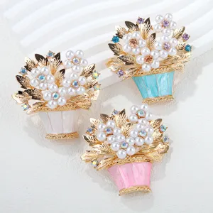 Pearl flower basket brooch set featuring sparkling rhinestones and elegant alloy design.